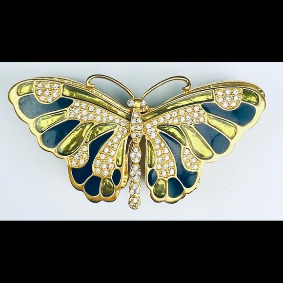 Kenneth Jay Lane Butterfly Pin and Box Green Enamel Rhinestones made Thailand